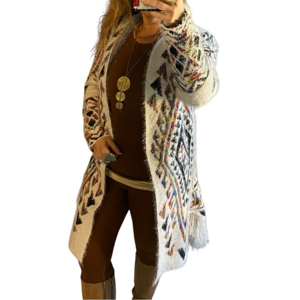On Blue Multi Colored Tribal Aztec Design Cardigan Sweater M